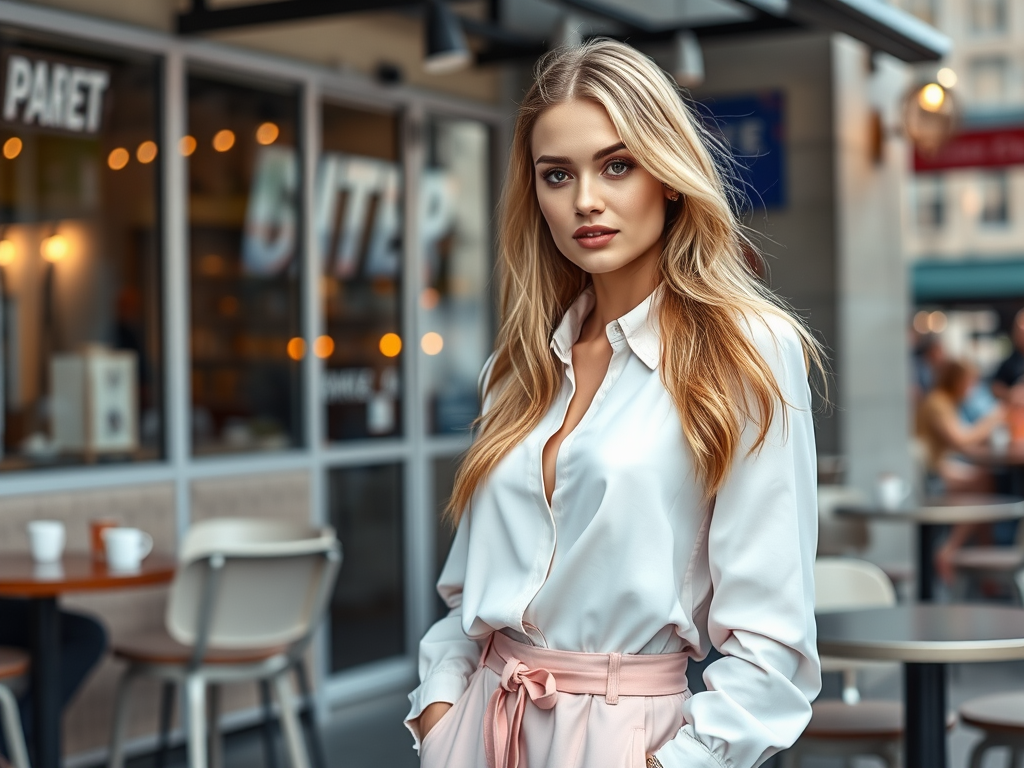 Een jonge vrouw met lang haar in een witte blouse en roze broek poseert buiten een café.