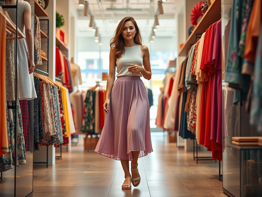 Een vrouw in een modewinkel, gekleed in een witte top en een roze plissérok, wandelt tussen de kledingrekken.