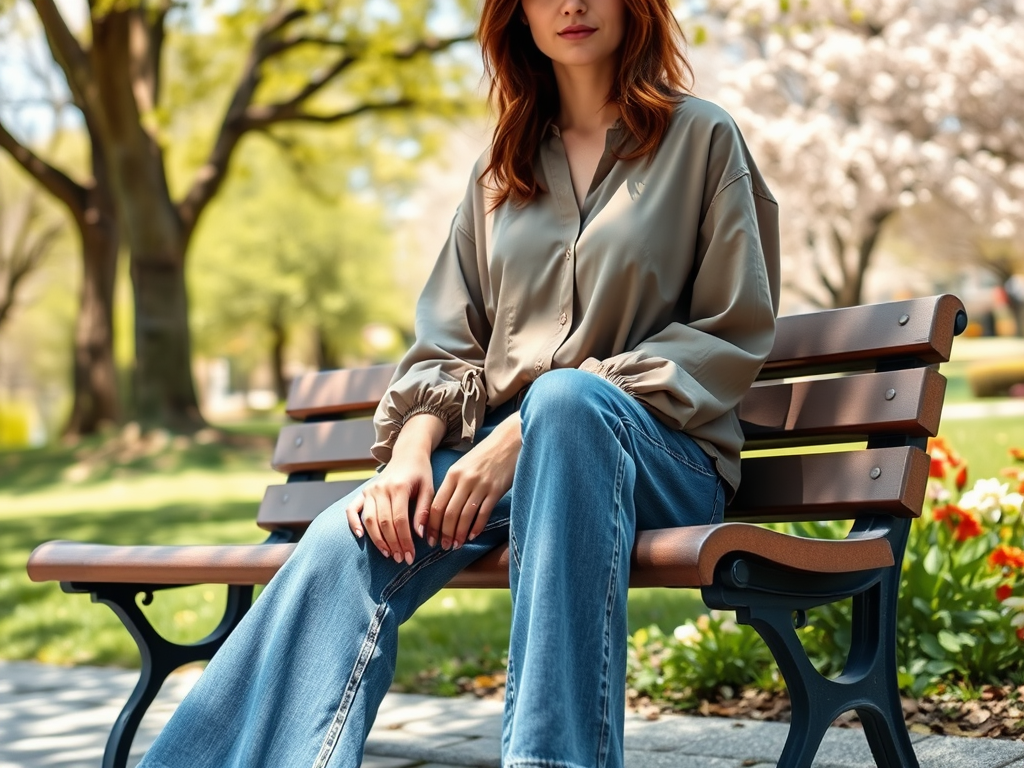 Een vrouw in een lichtgrijze blouse en jeans zit ontspannen op een bank in een bloeiende parklandschap.