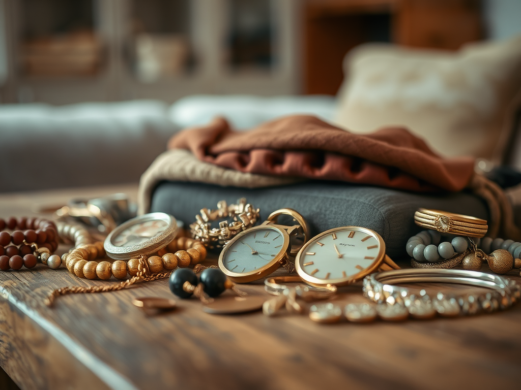 Een close-up van een tafel vol sieraden, horloges en een stapel kleding in warme tinten.