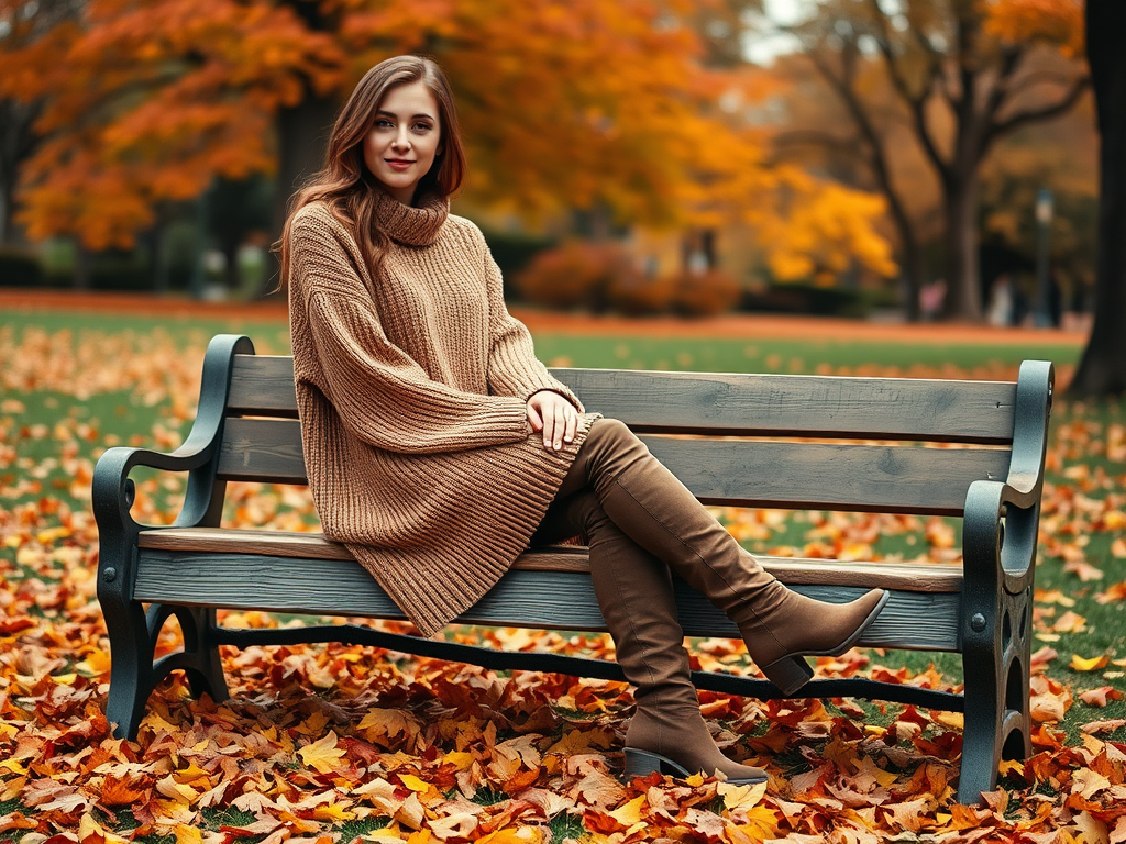 Een vrouw in een trui zit op een bank, omringd door kleurrijke herfstbladeren in een park.