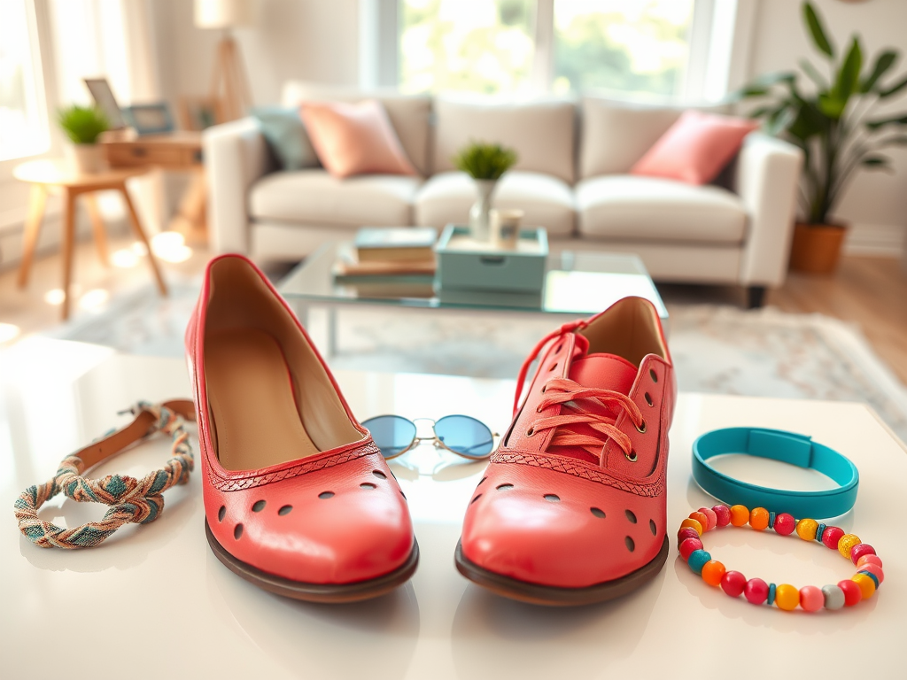 Rode schoenen met perforaties, accessoires zoals armbanden en een haarband, op een tafel in een moderne woonkamer.
