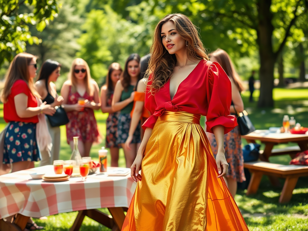 Een vrouw in een rode top en een gouden rok poseert vrolijk op een zomerse bijeenkomst met vrienden.