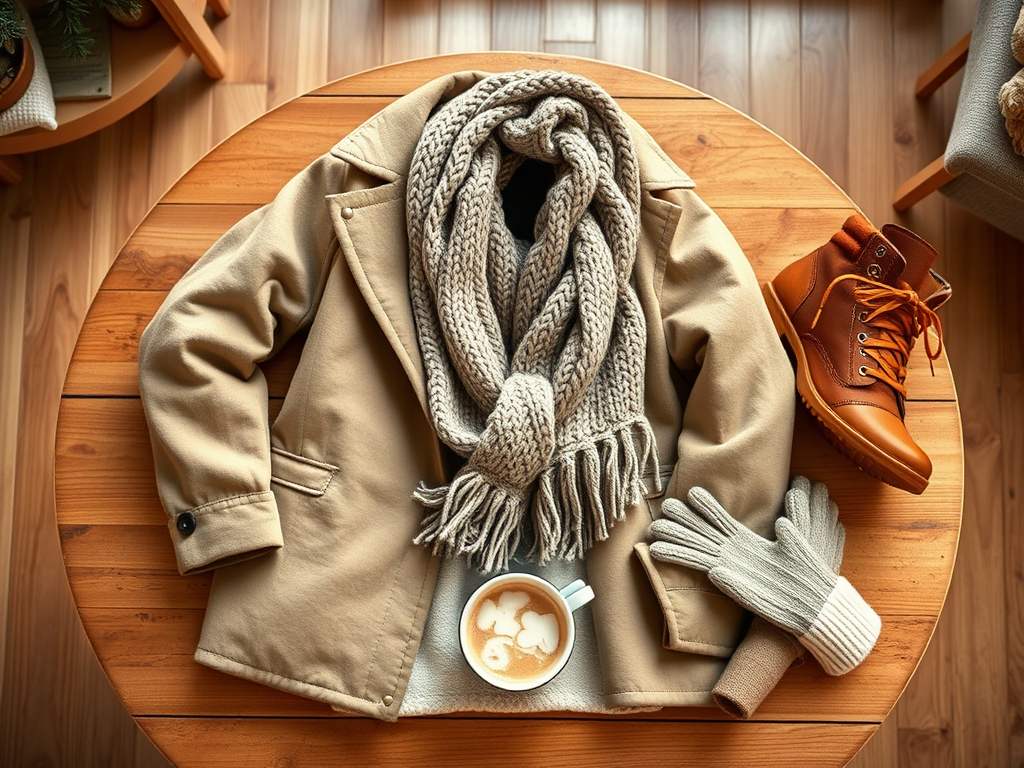 Een stijlvolle outfit met een beige jas, een warm sjaal, handschoenen, een mok koffie en stijlvolle laarzen.