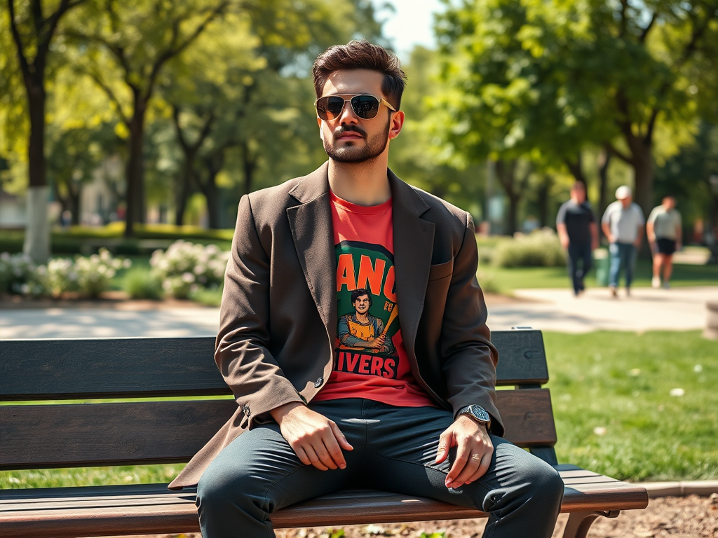 Een man in een blazer en t-shirt zit op een bank in een park, met zonnebril en een ontspannen houding.