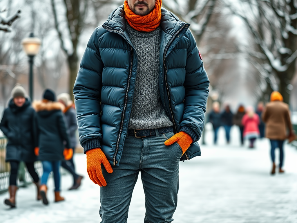 Man in een winterjas en sjaal met oranje handschoenen, terwijl mensen in de sneeuw wandelen. bomen op de achtergrond.