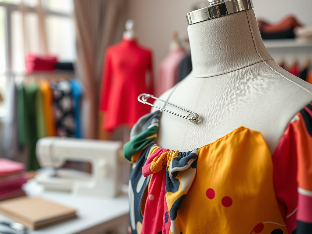 Mannequin met kleurrijke blouse en een veiligheidsspeld, omringd door stoffen en een naaimachine in een modeatelier.