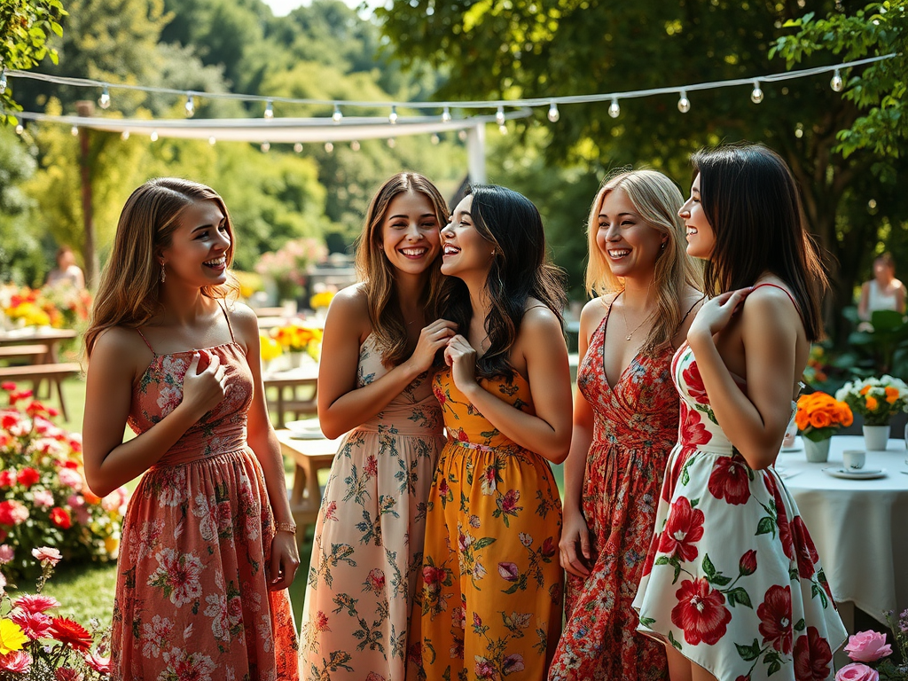 Vijf vrouwen in vrolijke jurken lachen en praten samen in een kleurrijke tuin vol bloemen.